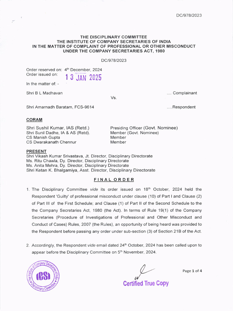 ICSI Disciplinary Order on Amarnadh Baratam | PDF | Public Law | Government