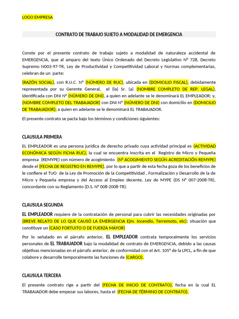Contrato de Trabajo por Emergencia | PDF | Derecho laboral | Justicia