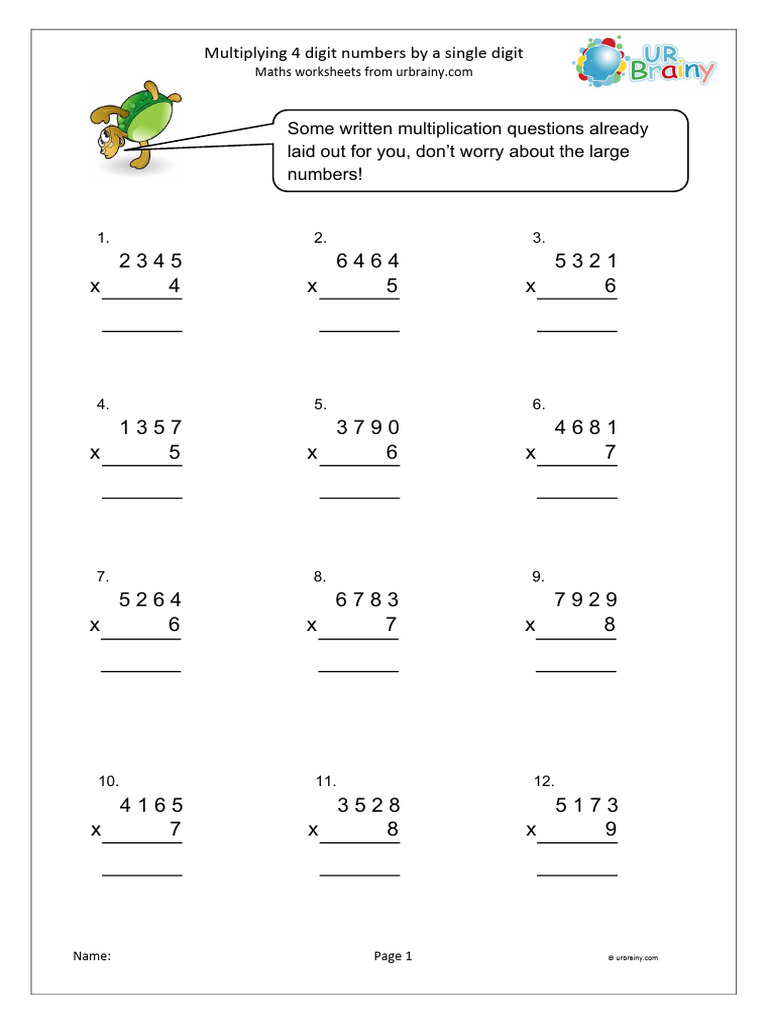4-Digit by 1-Digit Multiplication Worksheet | PDF | Mathematics ...