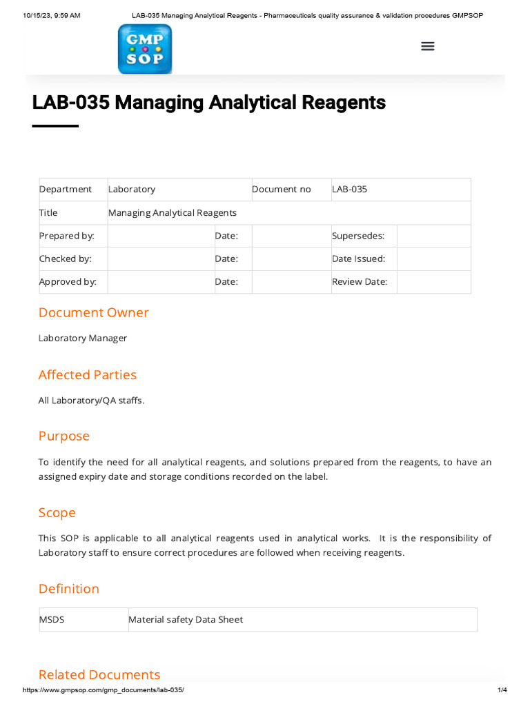 Managing Analytical Reagents SOP | PDF | Chemistry