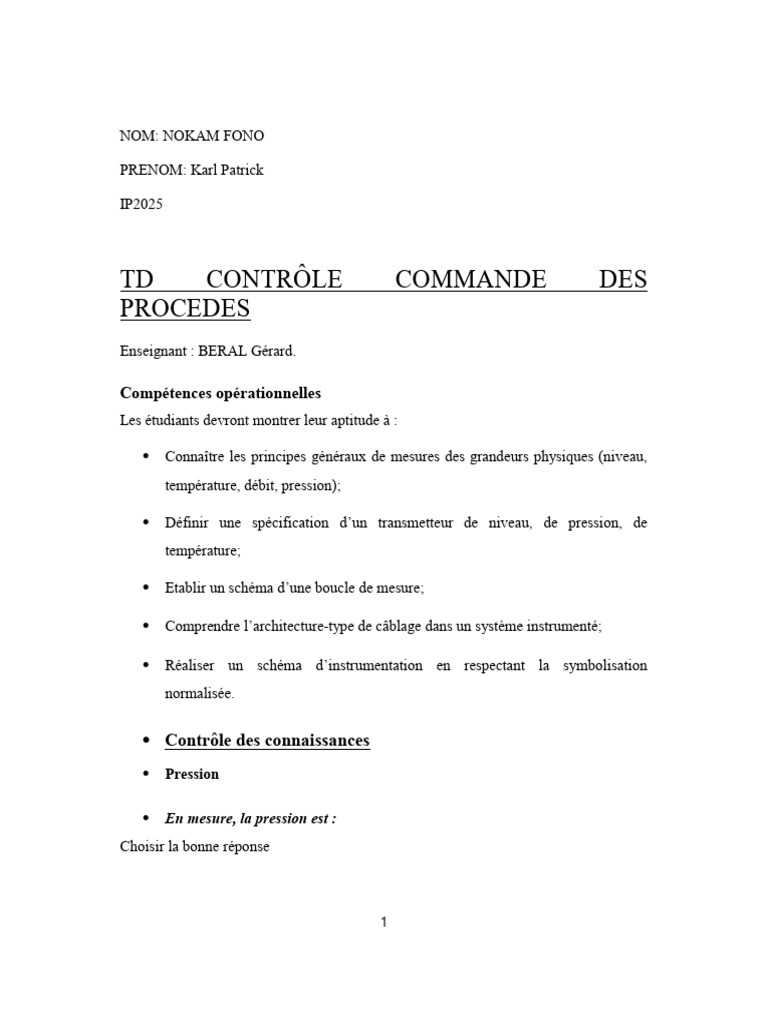 Contrôle et Commande des Procédés | PDF