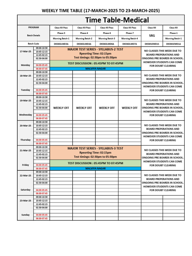 NEET 2025 Weekly Time Table | PDF | Workweek And Weekend