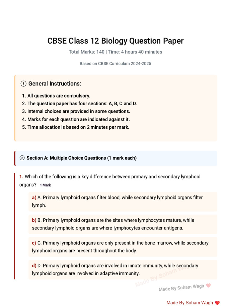 CBSE Class 12 Biology Sample Paper 2024 | PDF | Lymphocyte ...