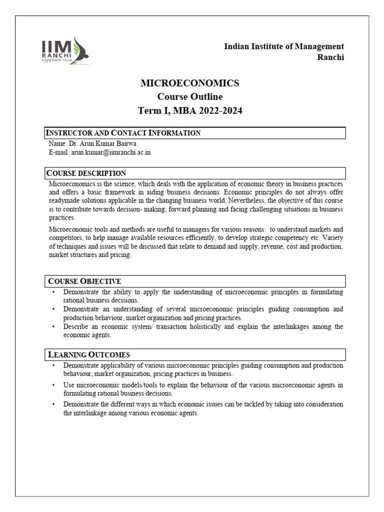 Microeconomics Course Outline - MBA 2022-2024 | PDF | Microeconomics ...