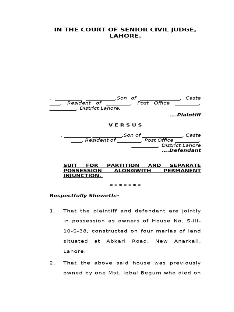 Suit For Partition and Separate Possession Along With Permanent ...