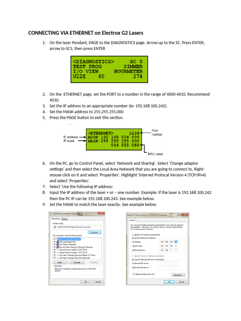 Ethernet Setup for Electrox G2 Lasers | PDF