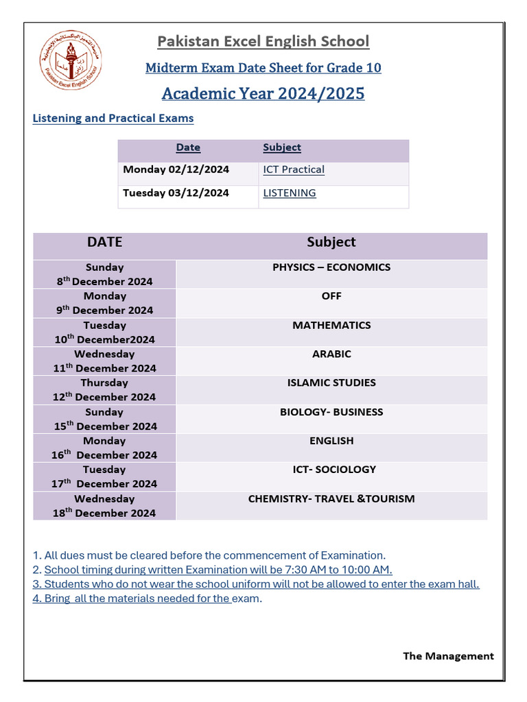 Class 10 Midterm Exam Schedule 2024 | PDF