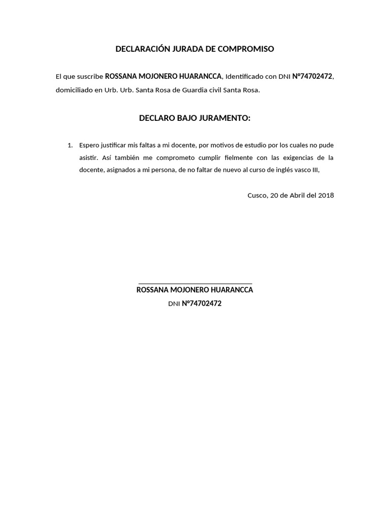 Declaracion Jurada de Compromiso | PDF