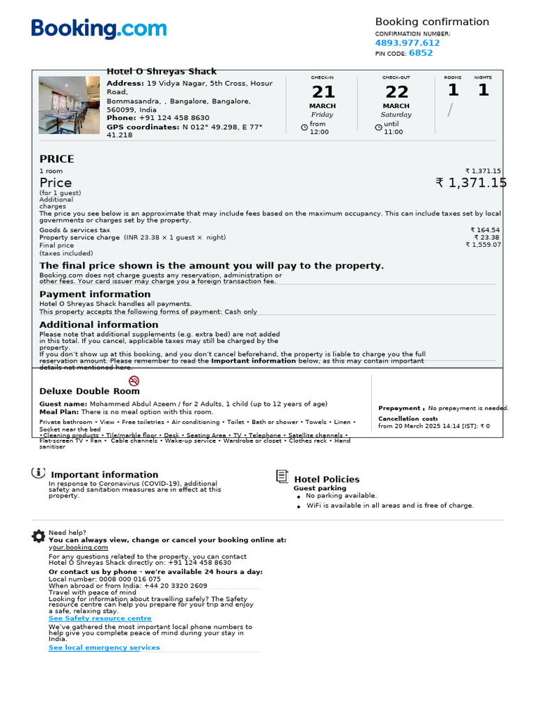 Hotel O Shreyas Shack Booking Confirmation | PDF | Fee | Booking.Com
