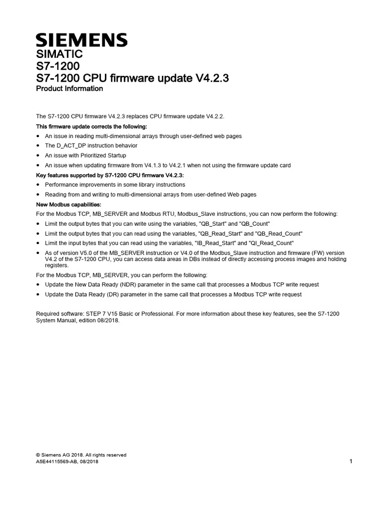 S7-1200 CPU Firmware Update V4.2.3 | PDF | Central Processing Unit ...