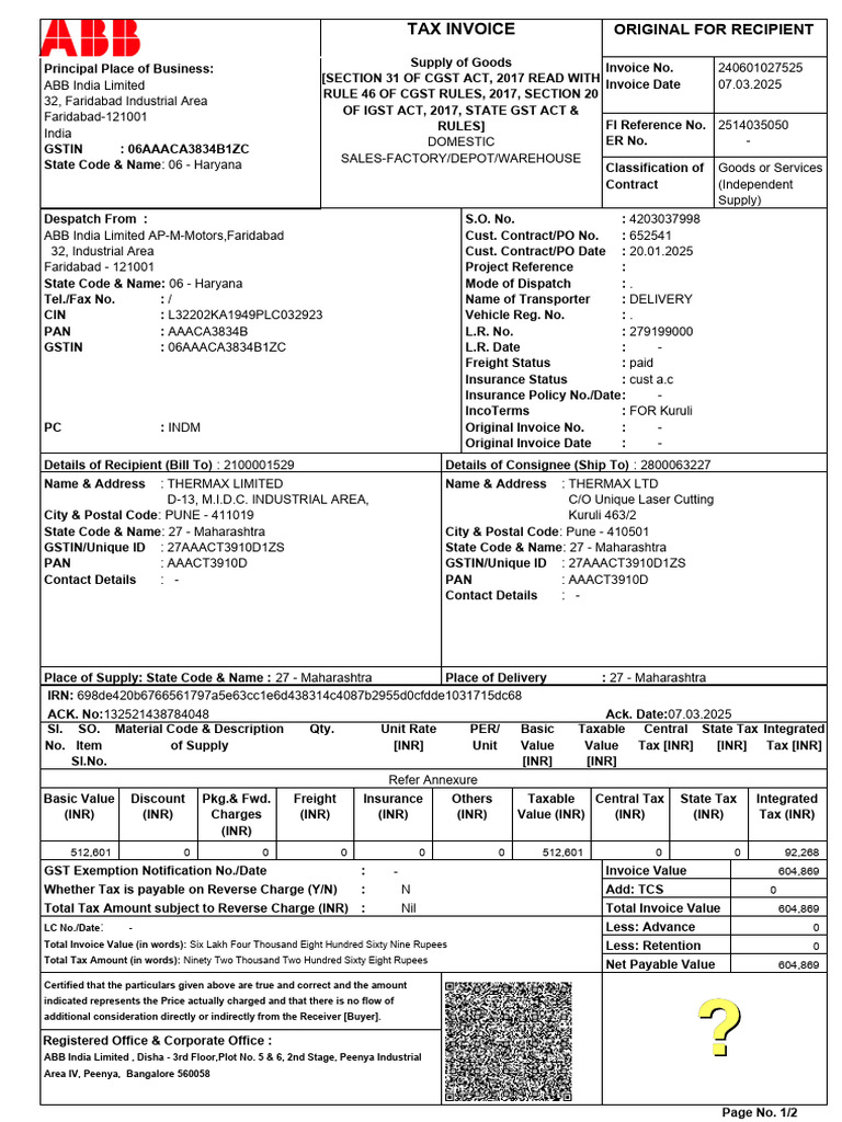 ABB Tax Invoice for Thermax Ltd | PDF | Taxes | Invoice