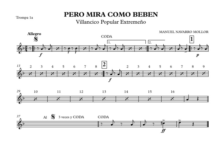 Partitura en PDF de 'Pero mira cómo beben' para trompa primera, con notas musicales y digitaciones