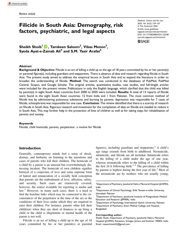 Filicide in South Asia: A Review Study | PDF | Mental Disorder | Major ...