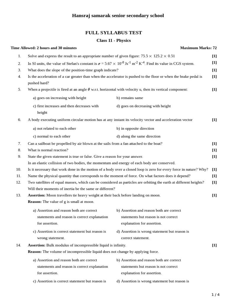 Class 11 Phy Test Full Syllabus 29 1 24 | PDF | Temperature | Gases
