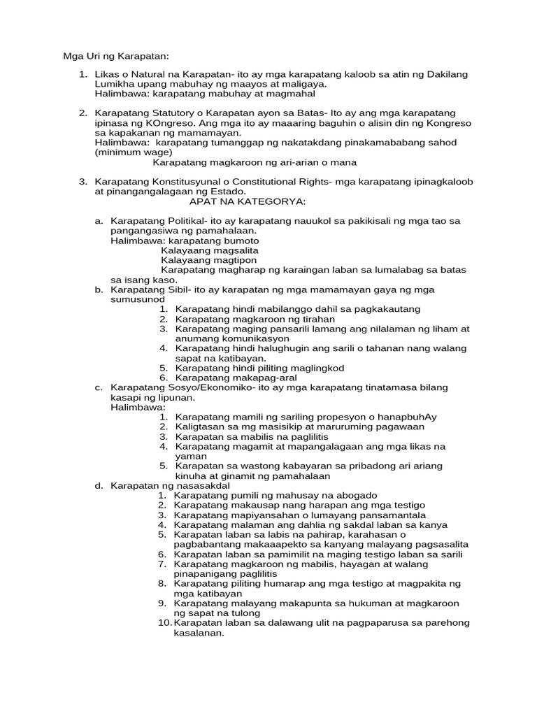 Mga Uri NG Karapatan | PDF