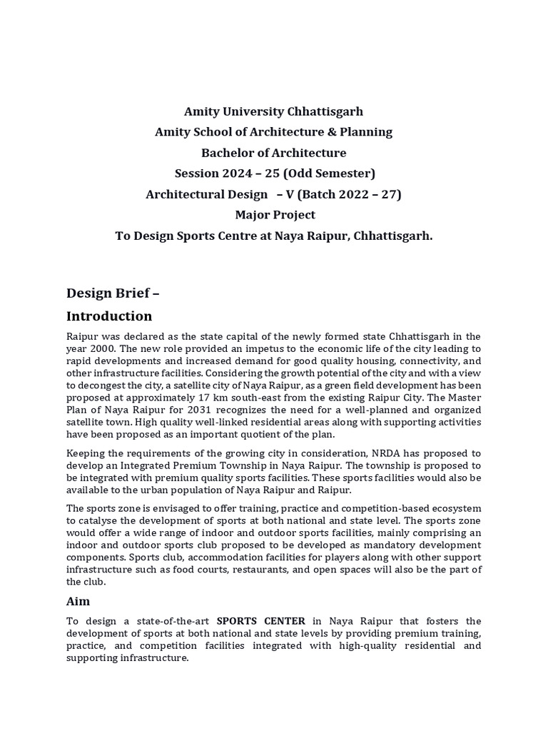 AD V DESIGN BRIEF MAJOR PROJECT SPORTS CENTRE at Raipur | PDF ...