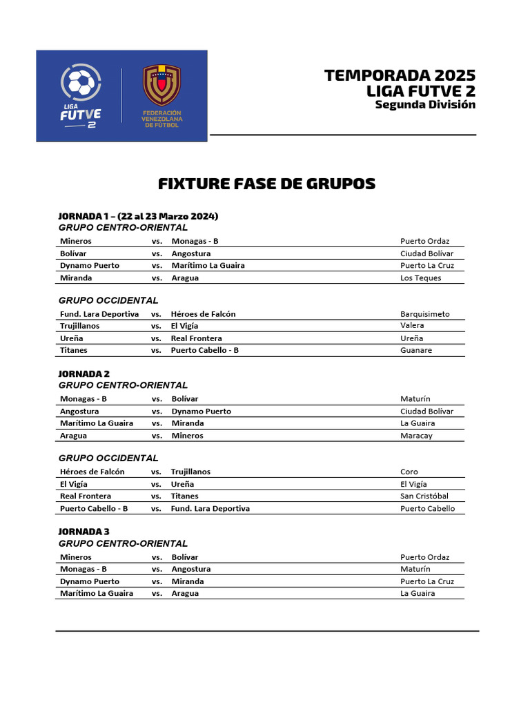 FIXTURE LIGA FUTVE 2 Temporada 2025 - Fase de Grupos - Centro Oriental ...