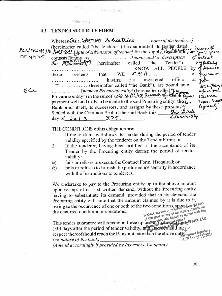 BCL Kenya Tender Guarantee Form | PDF | Consent | Business