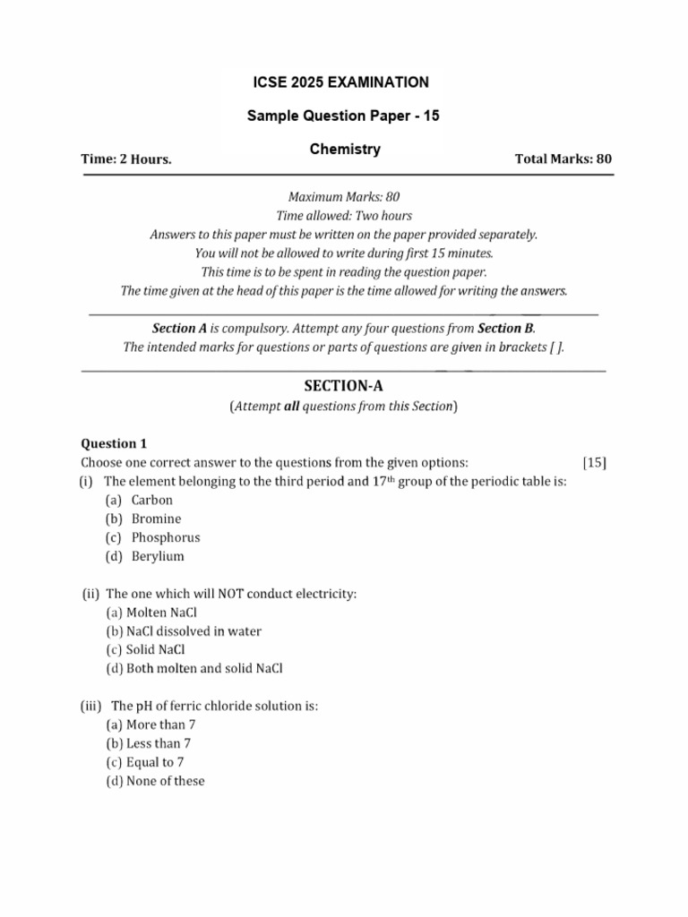 ICSE 2025 Chemistry Sample Paper 15 | PDF
