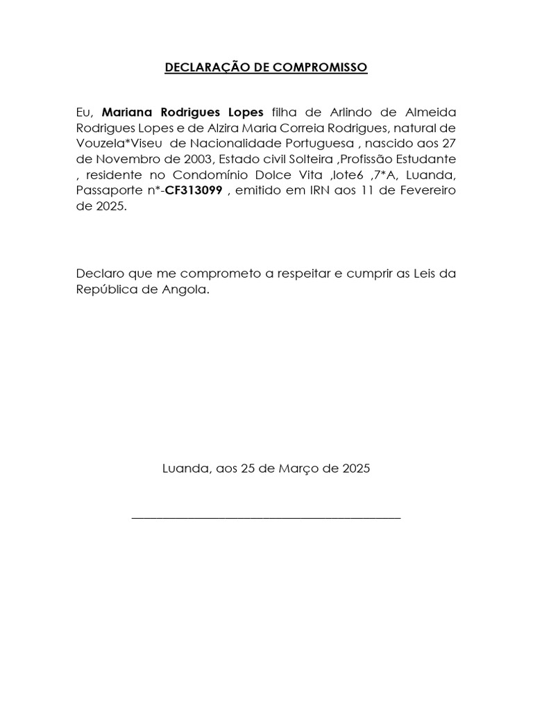 Declaração de Compromisso Mariana Lopes | PDF