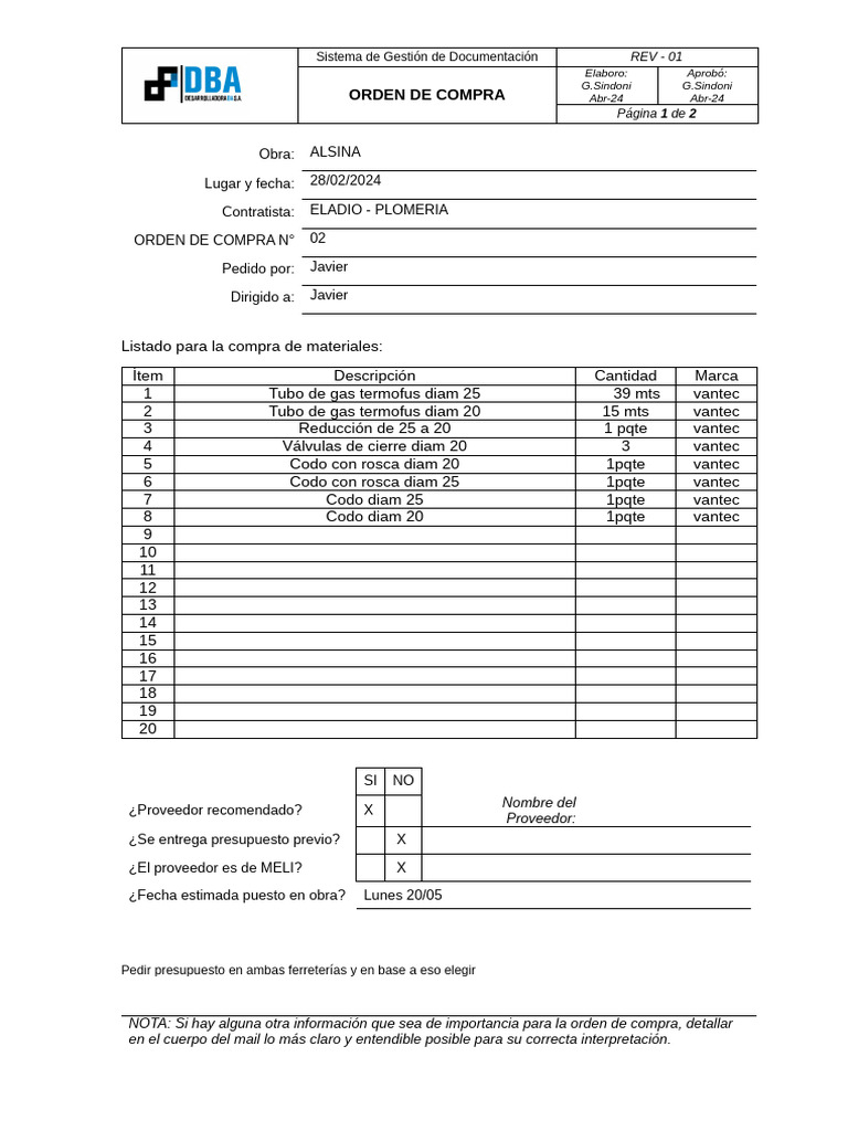 Orden de Compra para Materiales de Plomería | PDF