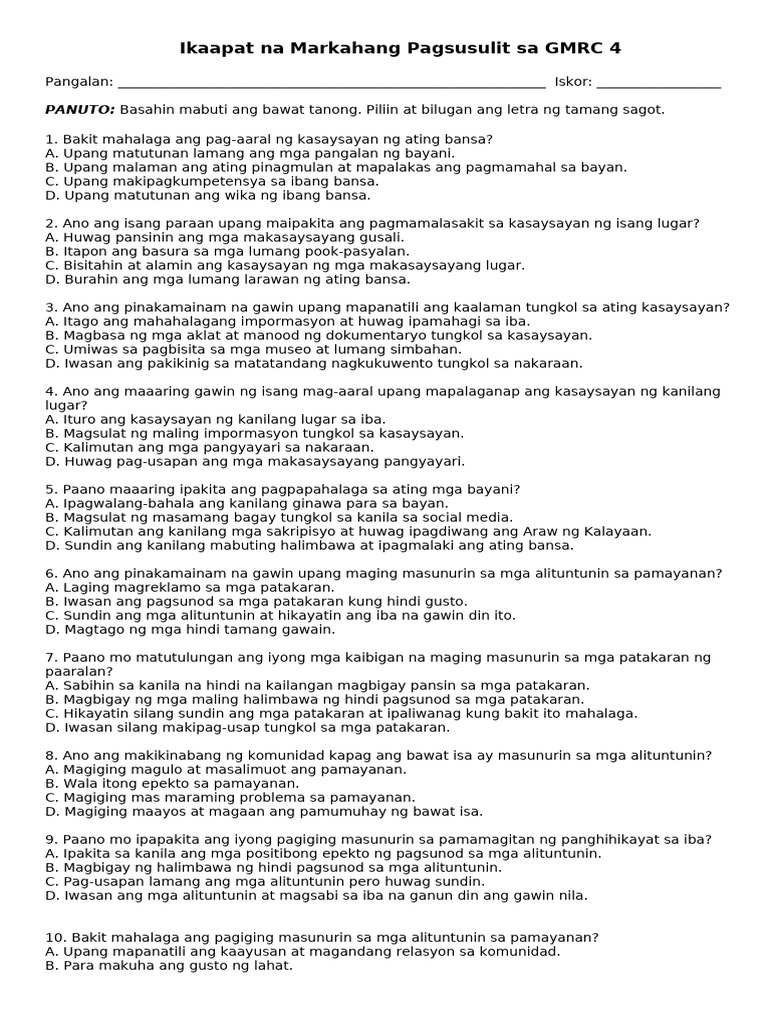 4th Periodical Test-GMRC4 MATATAG PT4 SY 2024-2025 | PDF