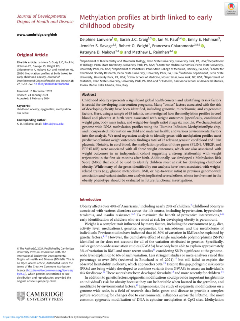 Methylation Profiles at Birth Linked To Early Childhood Obesity | PDF ...