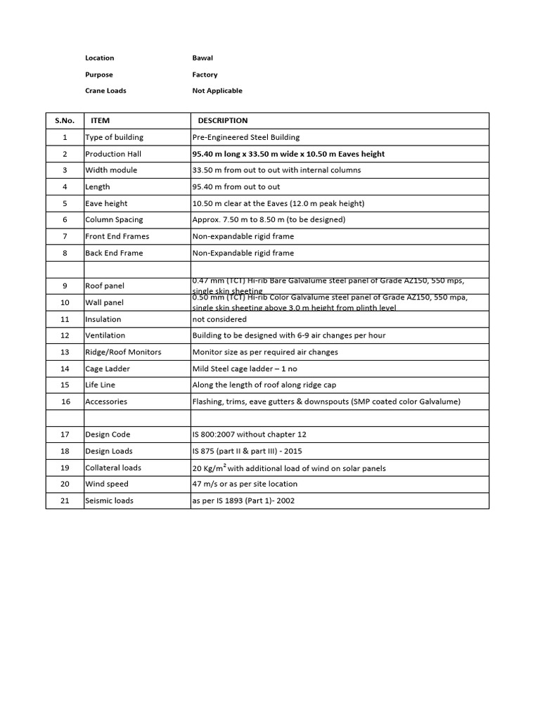 Pre-Engineered Steel Factory Specs | PDF