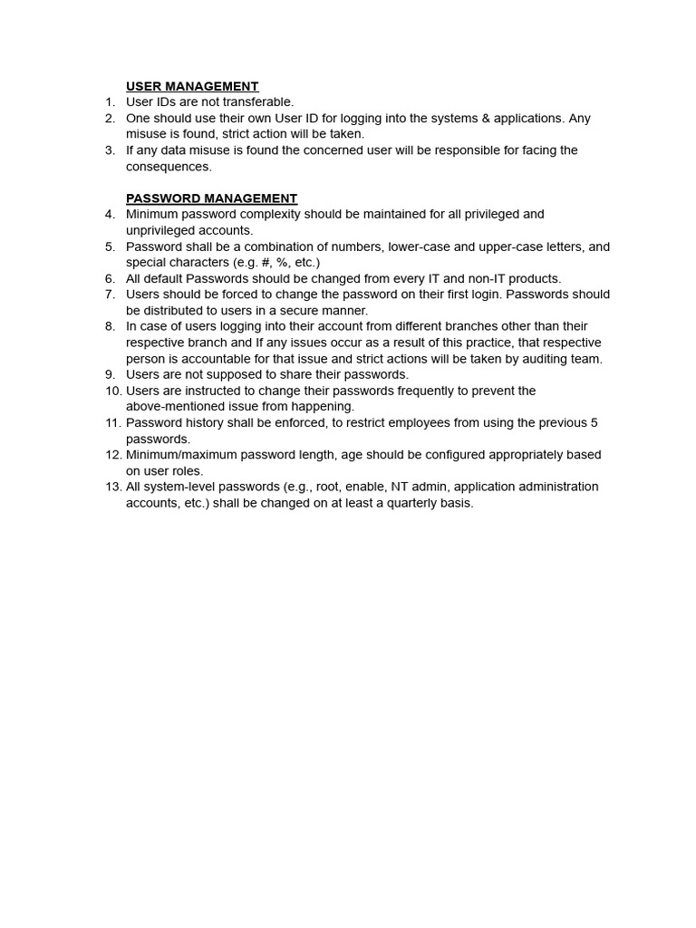 User and Password Management Guidelines | PDF