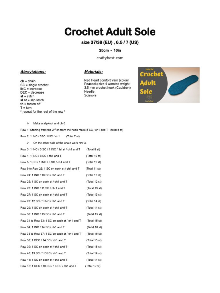 Crochet Adult Sole Pattern Guide | PDF | Crochet | Handicrafts