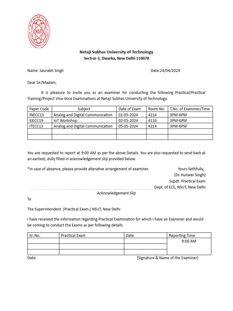 NSUT Practical Exam Invitation 2024 | PDF