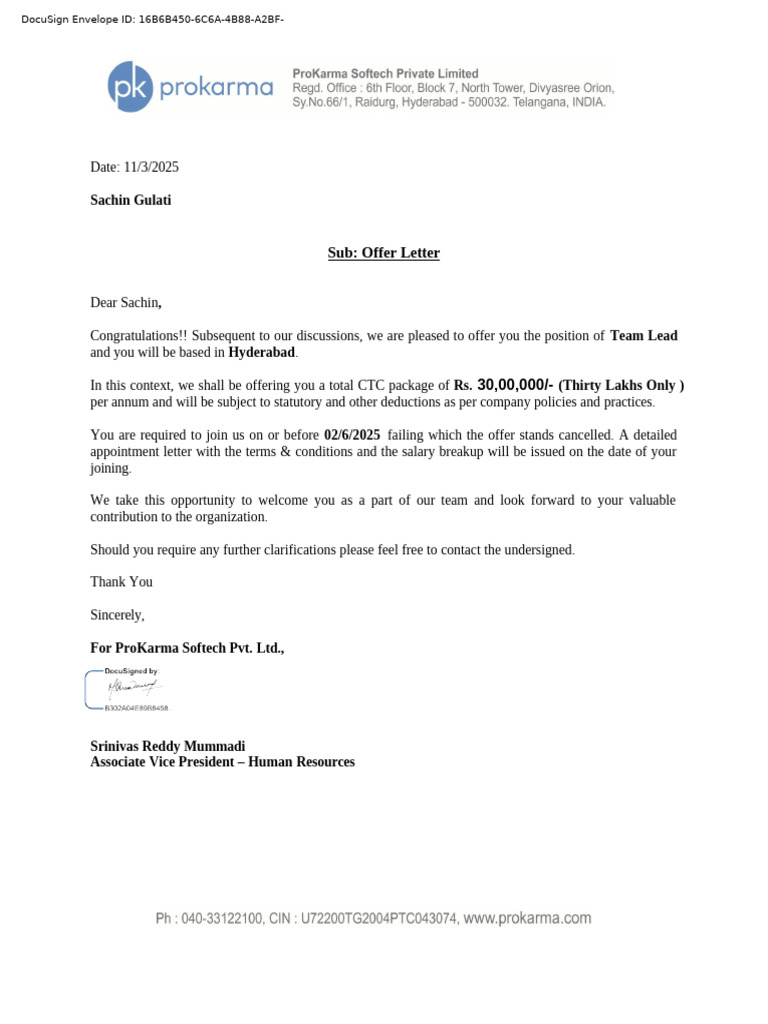 Offer Letter for Sachin Gulati | PDF