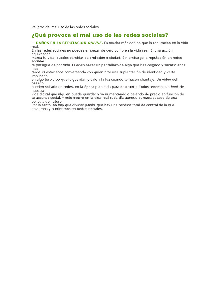 Peligros del mal uso de las redes sociales | PDF