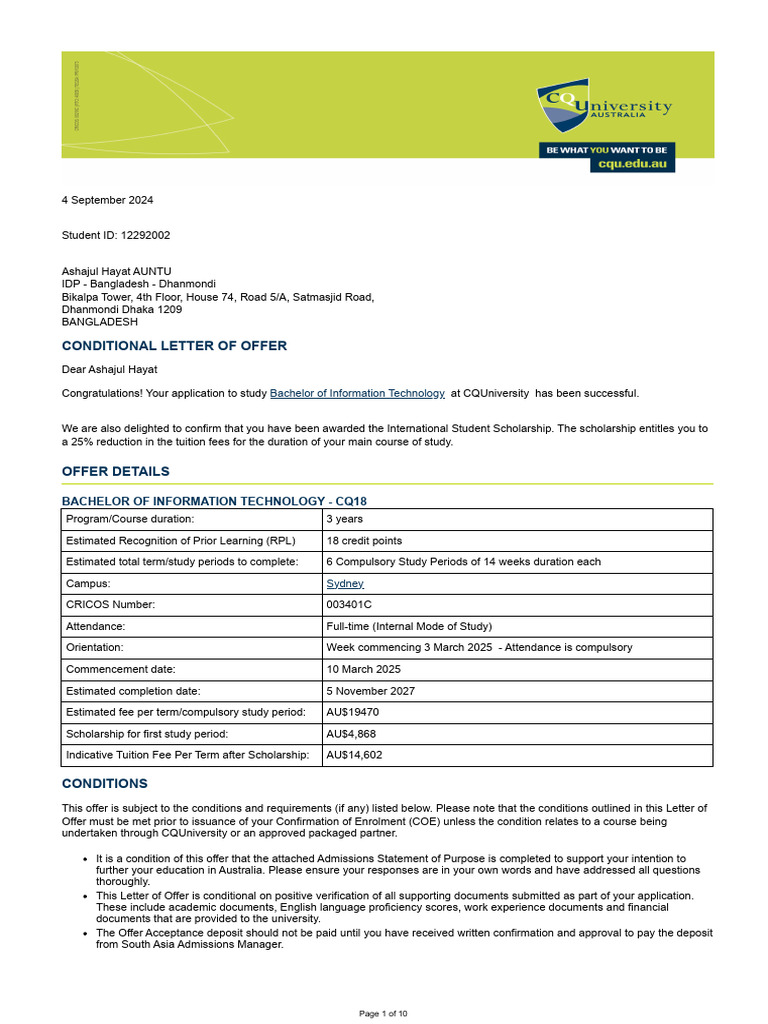Conditional Offer for IT Degree at CQUniversity | PDF | Travel Visa ...