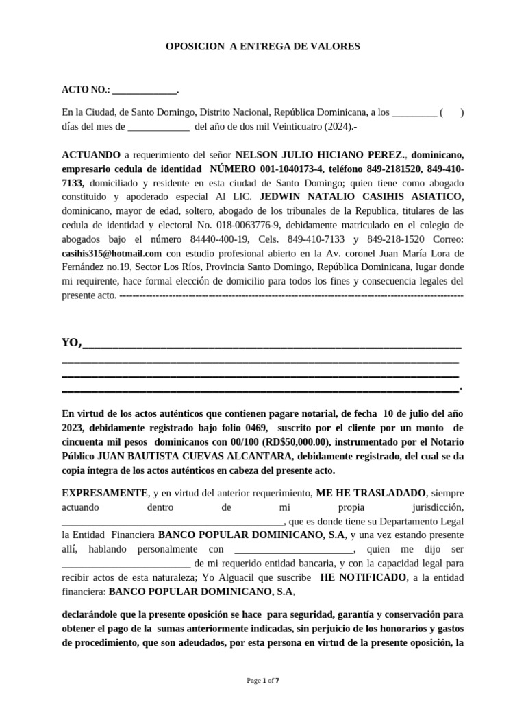 Oposición a Embargo Banco Popular | PDF | República Dominicana | Bancos
