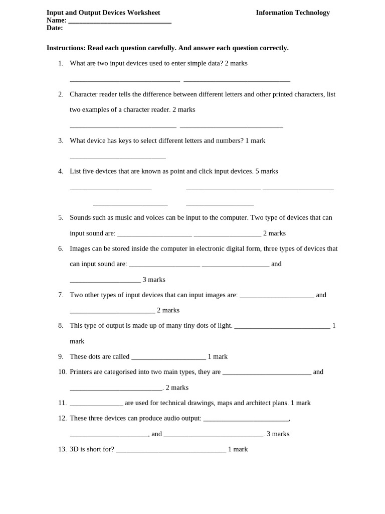 Input and Output Devices Worksheet | PDF