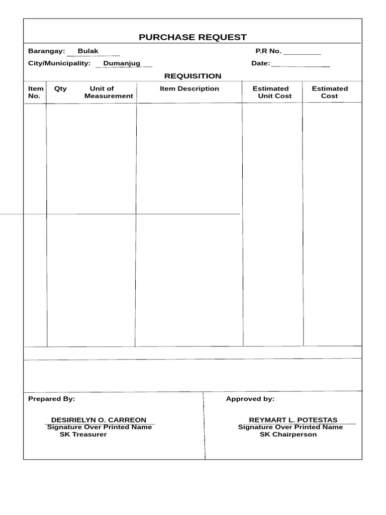 Bulak Barangay Purchase Request Form | PDF