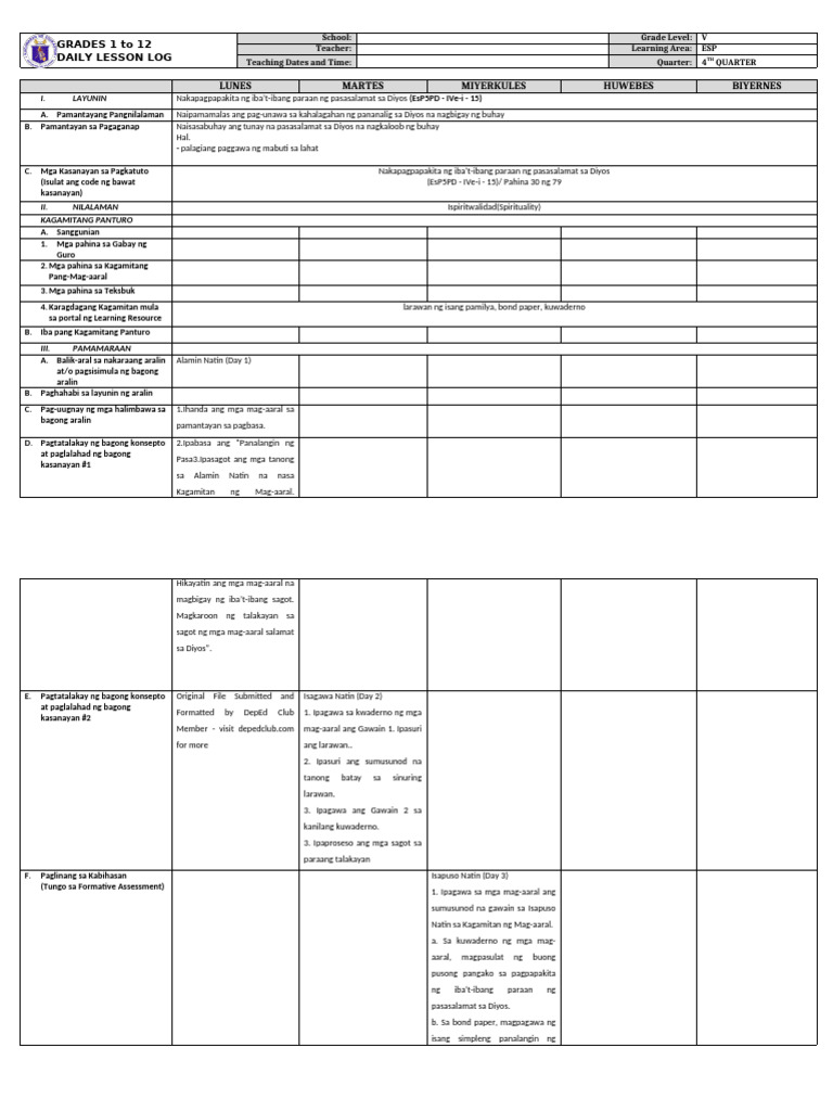 Daily Lesson Log for Grade 5 ESP | PDF | Differentiated Instruction ...