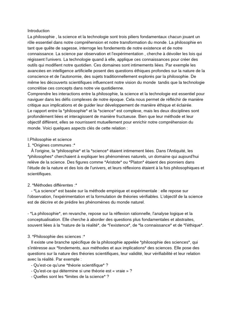 Exposé Philo (Rapport Entre La Philosophie La Science Et La Technologie ...
