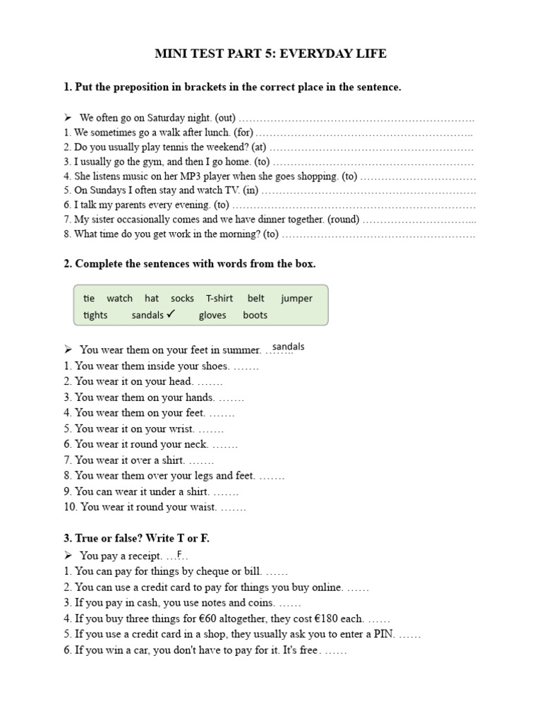 Everyday Life Mini Test: Prepositions & Vocabulary | PDF