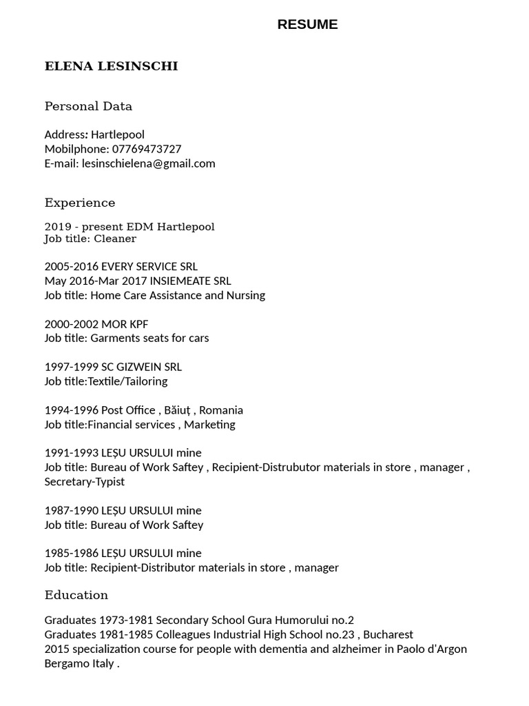 Elena Lesinschi's Professional Resume | PDF