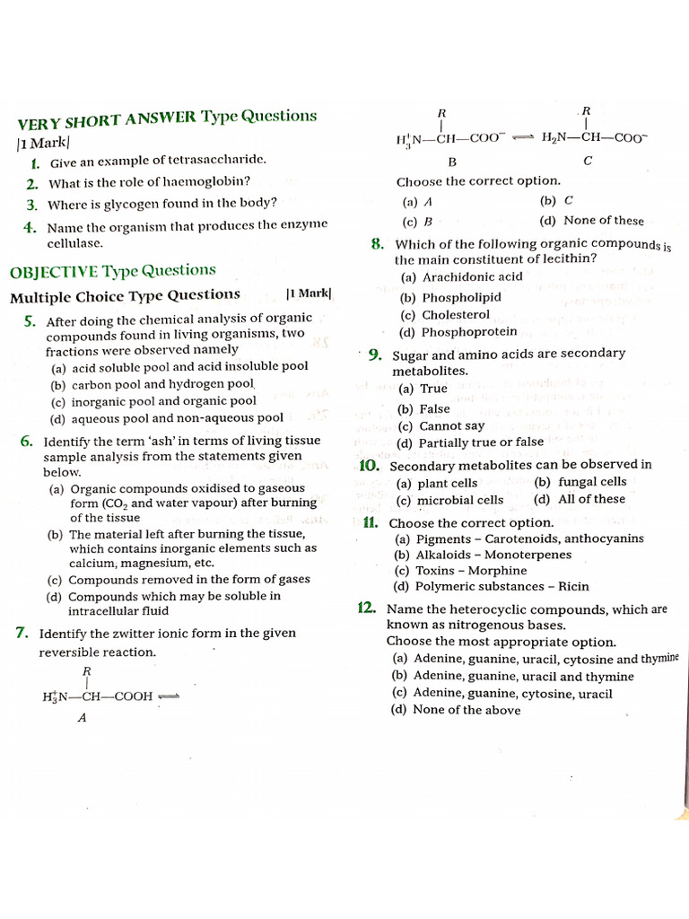 Biomolecules Questions Pdf