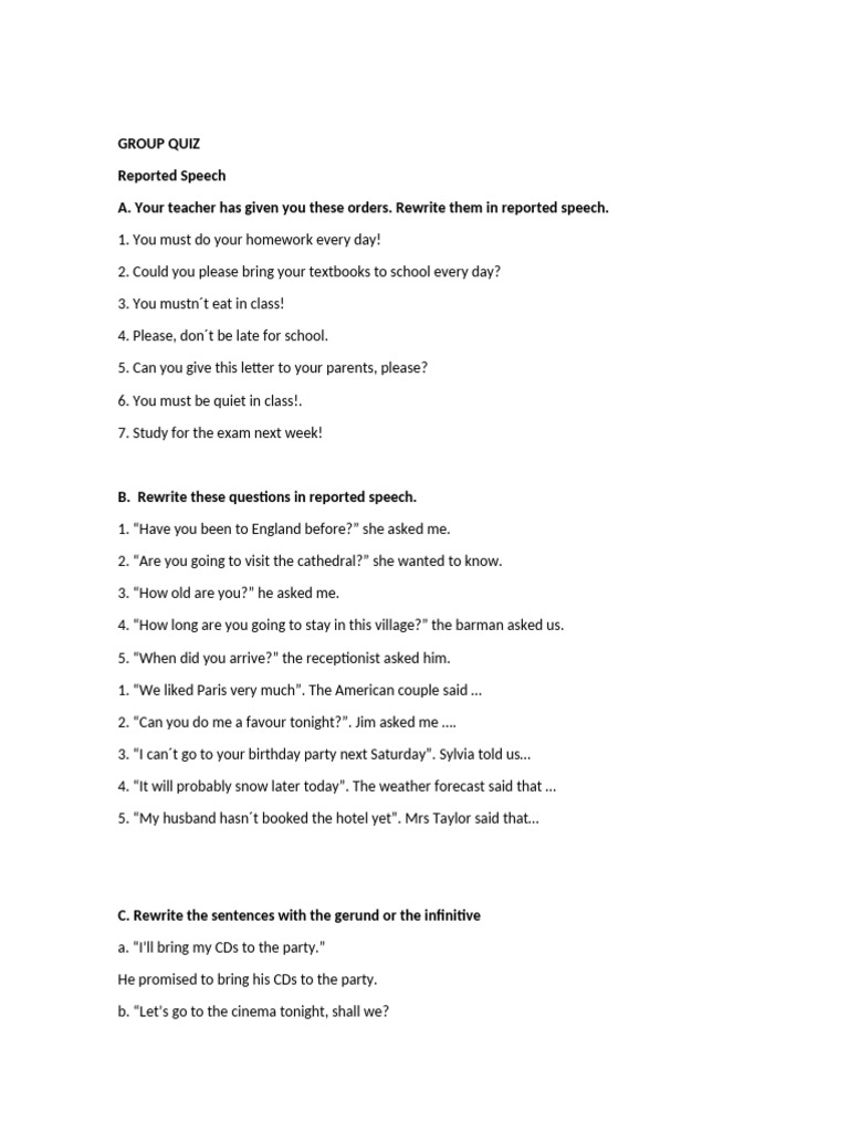 Reported Speech Group Quiz Exercises | PDF