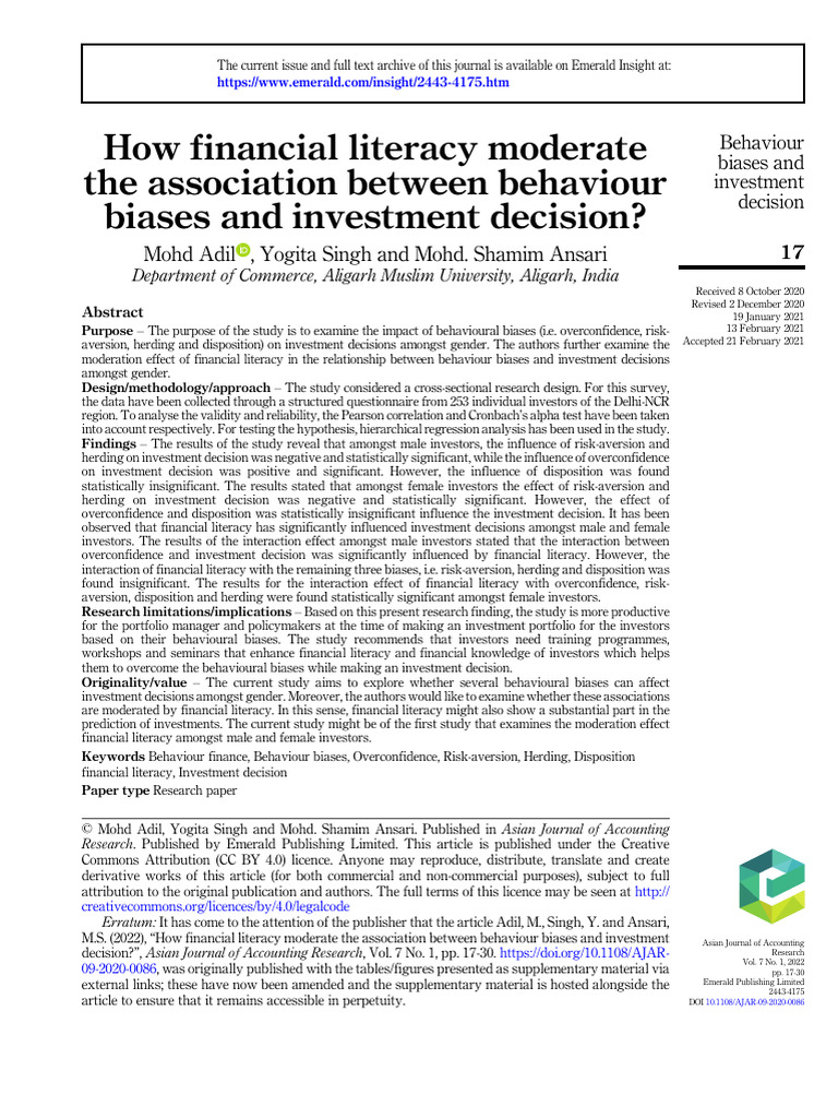 How Financial Literacy Moderate The Association Between Behaviour ...