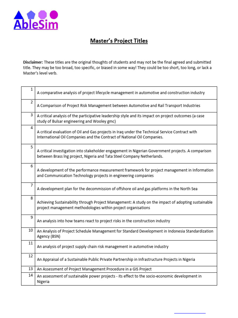 Masters Project Titles September 2019 | PDF | Project Management | Risk ...