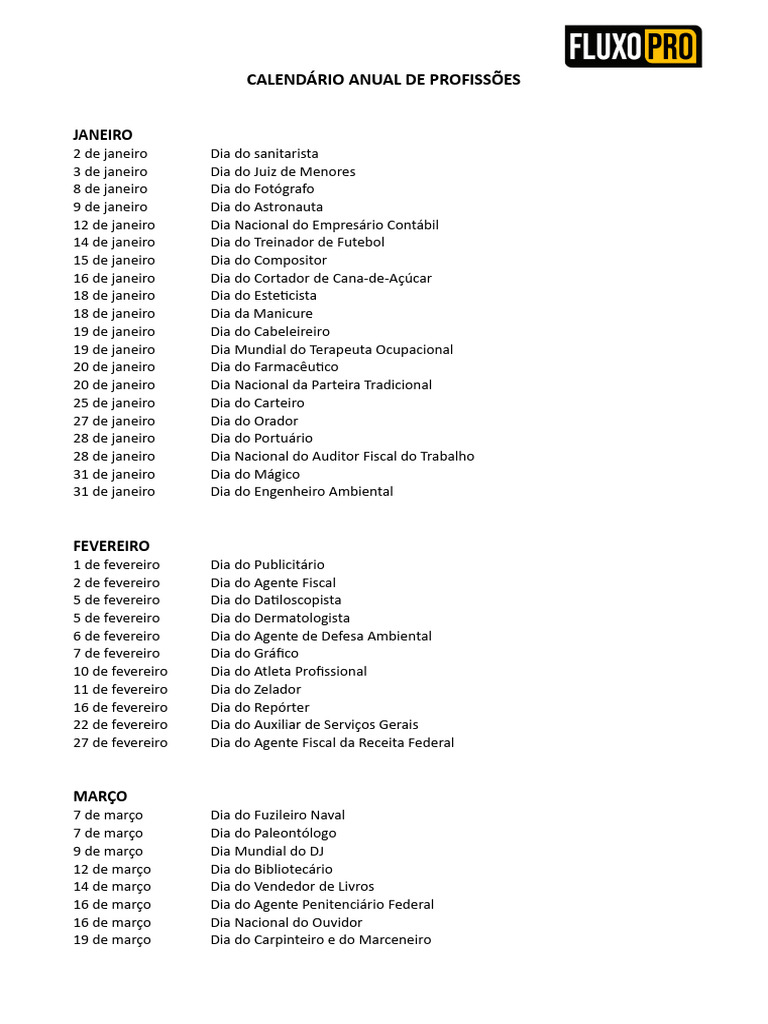 Calendário de Profissões Anual | PDF