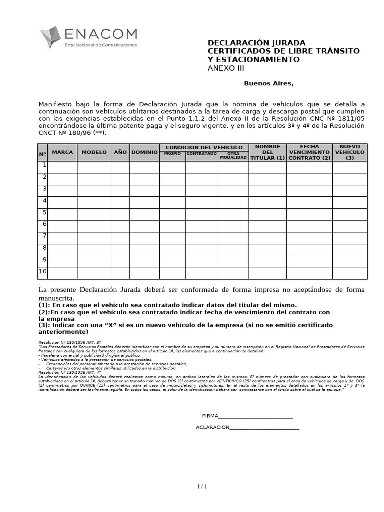 DDJJ Libre Transito | PDF