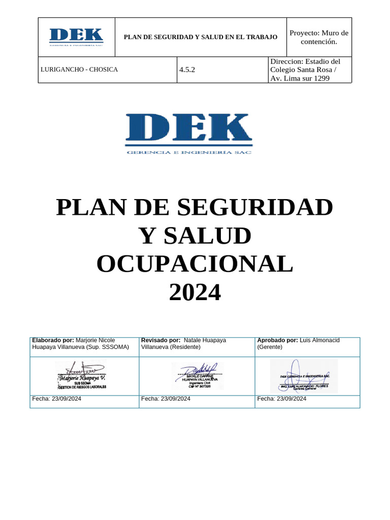 Plan de Seguridad y Salud Ocupacional 2024 | PDF | Seguridad y salud ...