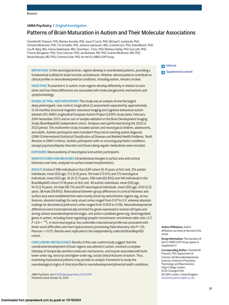 Patterns of Brain Maturation in Autism and Their Molecular Associations ...