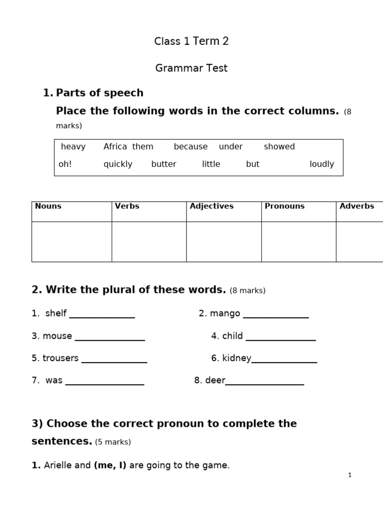 2017 Class 1 Term 2 - GRAMMAR TEST | PDF | Verb | Morphology
